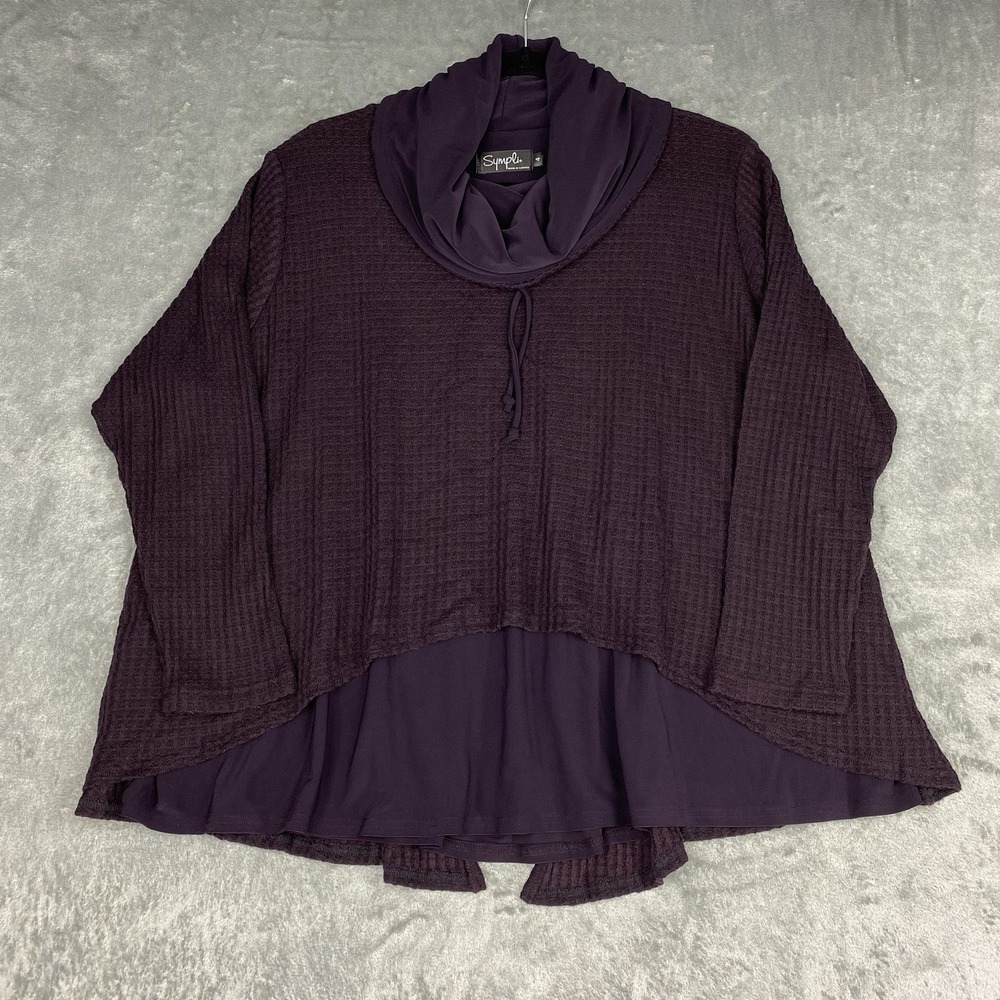 Sympli Tunic Womens Sz 4 Purple Plum Waffle‎ Knit Cowl Double Layer Jersey Top